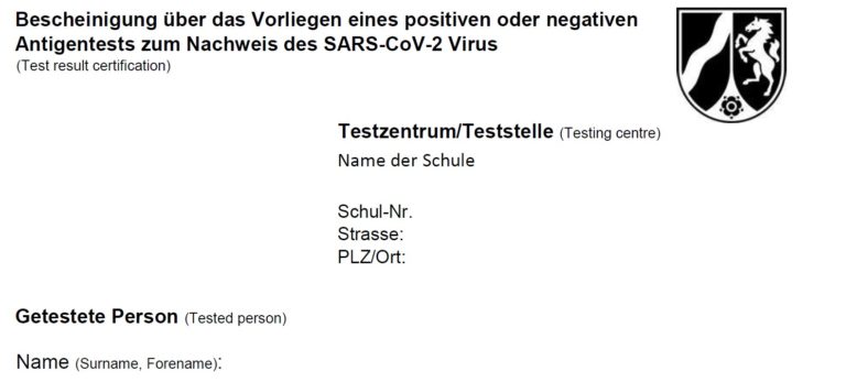 Bescheinigung über Schnelltests